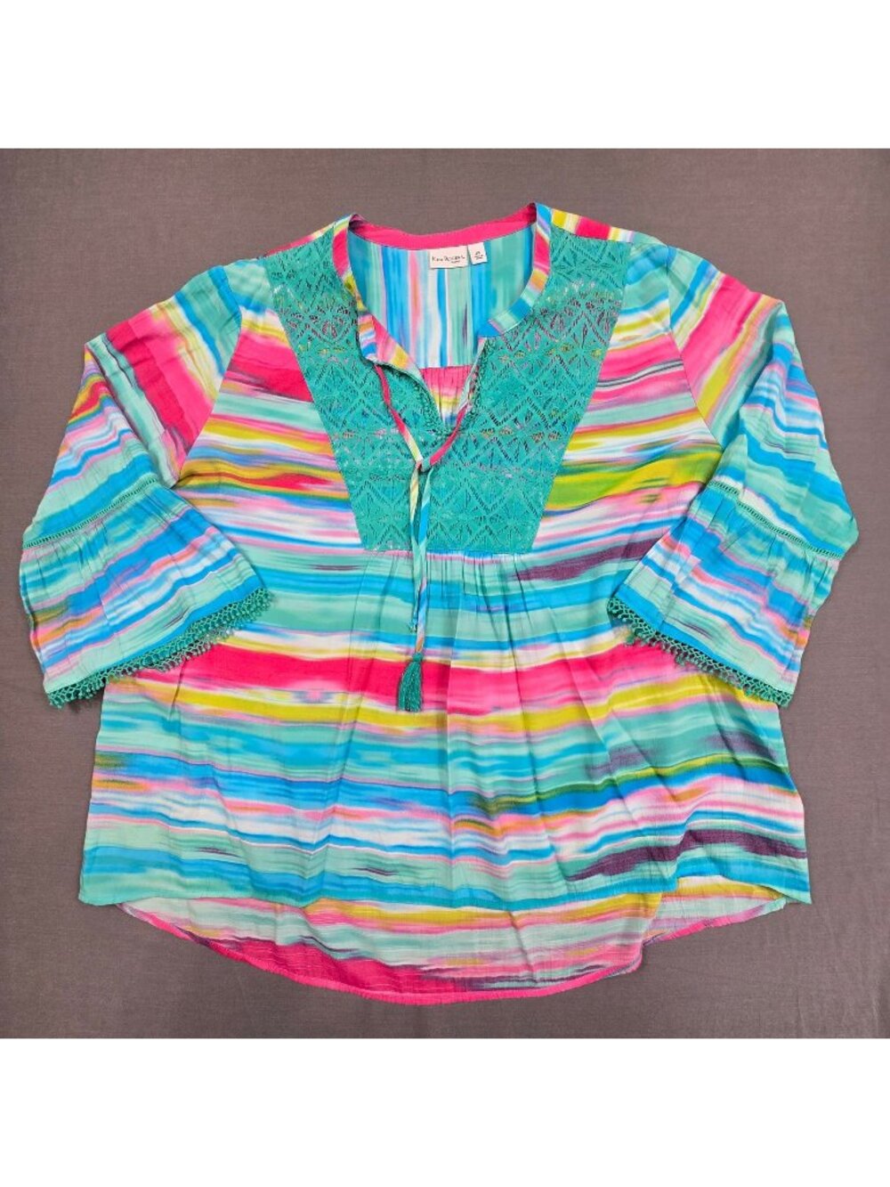 Kim Rogers Curvy 2X Blouse Blue Pink Crochet Accent Lightweight Top